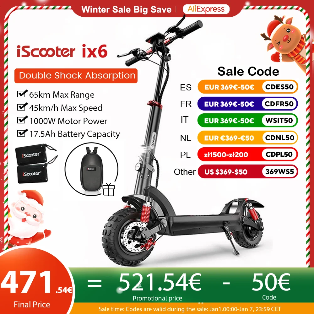 iScooter iX6 Electric Scooter 1000W Powerful Electric Kick Scooter Anti-skid Off Road Pneumatic Tire  65km Range 45km/h eScooter