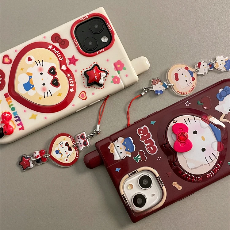 Capa para Celular Hello Kitty com Pingente de Espelho, Kawaii, Protetora, Anime, Engraçado, Moda, Sanrio, iPhone 11, 12, 13, 14, 15 Pro Max