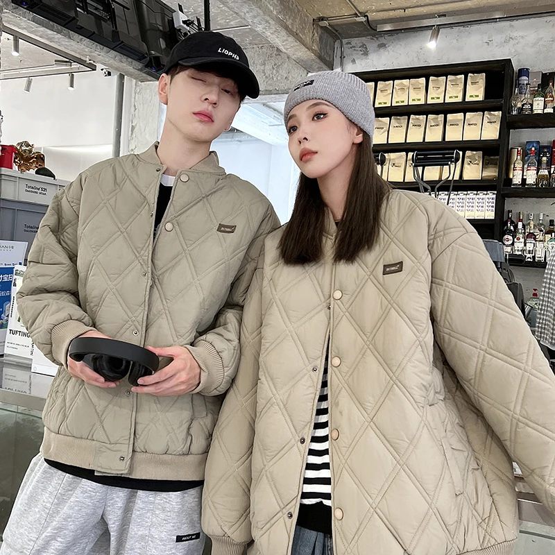 Couples style parka women's winter jacket with front concealed buckle fashion simple diamond coat elegant stand collar jacket