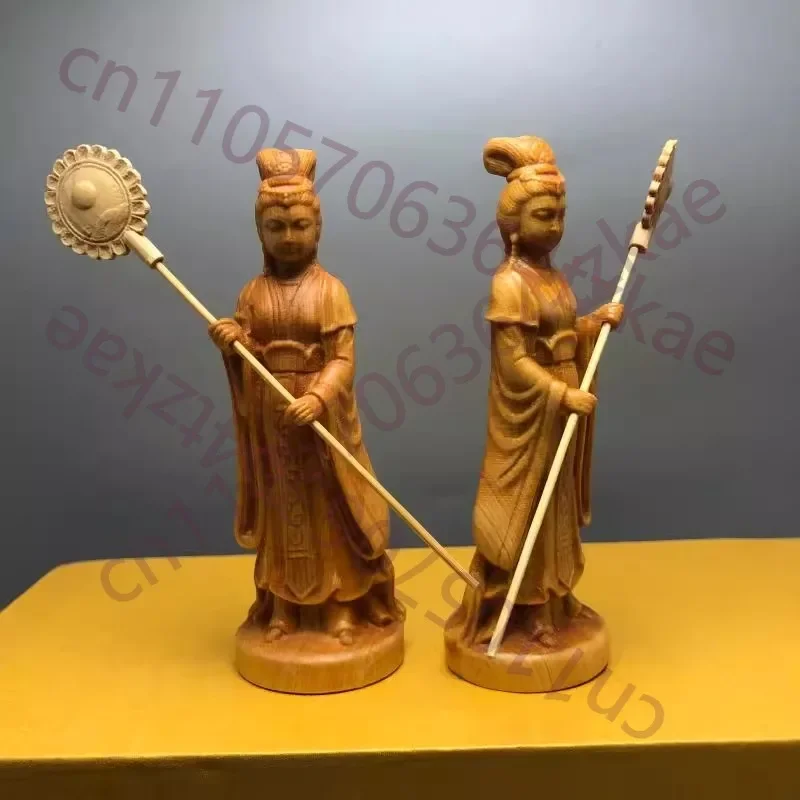 Chinese Wood Carving Figurines, Ancient Female Attendants Palace Maids, Solid Wood Handicraft Ornament