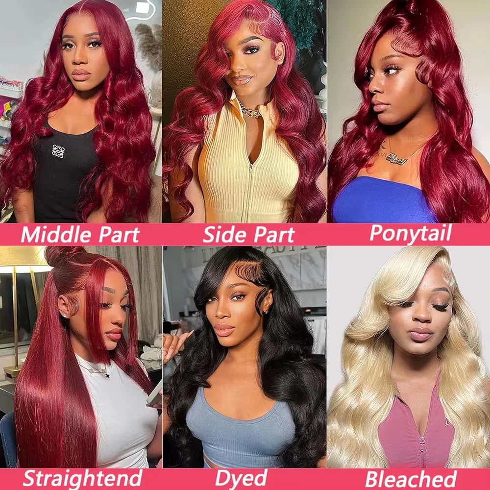 Wig Rambut Asli 99j Burgundy 13x6 Lace Front 100% Human Hair 200 Density Body Wave 30 36 Inch Merah untuk Wanita, Brazilian