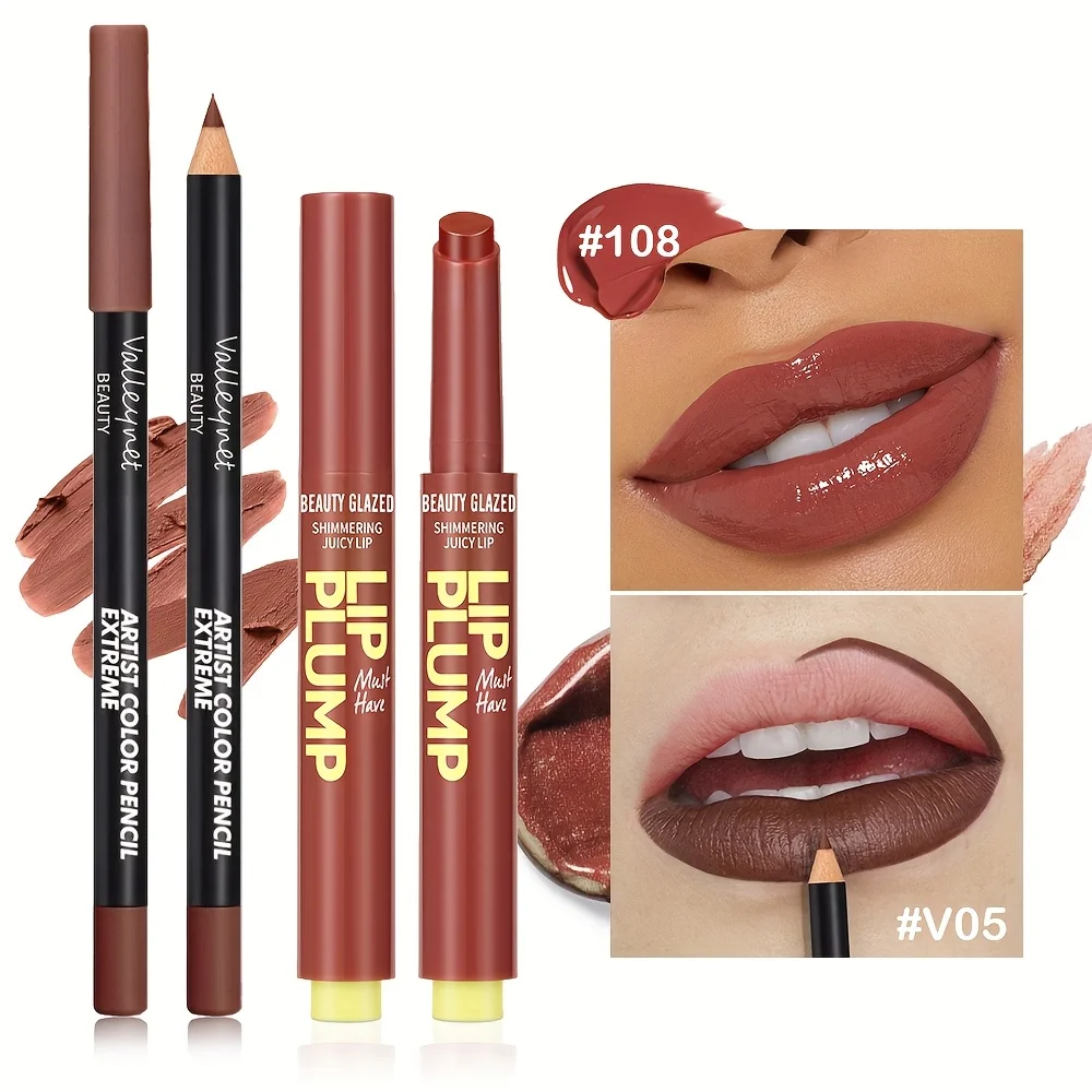 Zestaw 2 szt. nawilżającej pomadki z drobnym brokatem + drewniany konturówka do ust, matowa, długotrwała, wodoodporna formuła, łatwa w nakładaniu koloru.