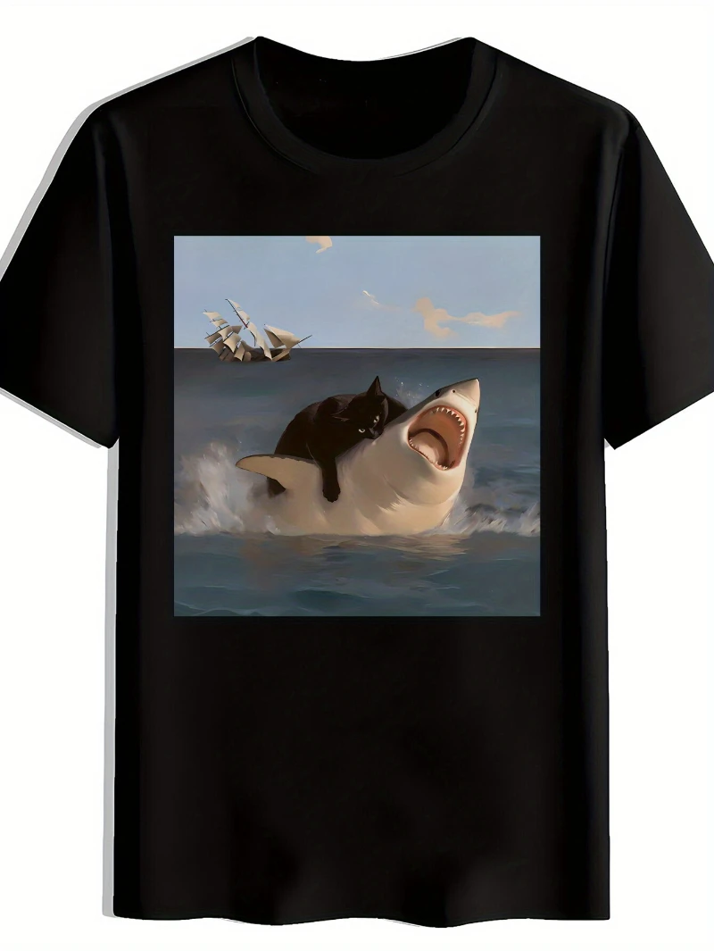 Black Cat Suppressing Great White Shark Emojis Printed Men's  T-shirt Fun Printed Pattern Men's Top Creative Trick T-shirt Gift
