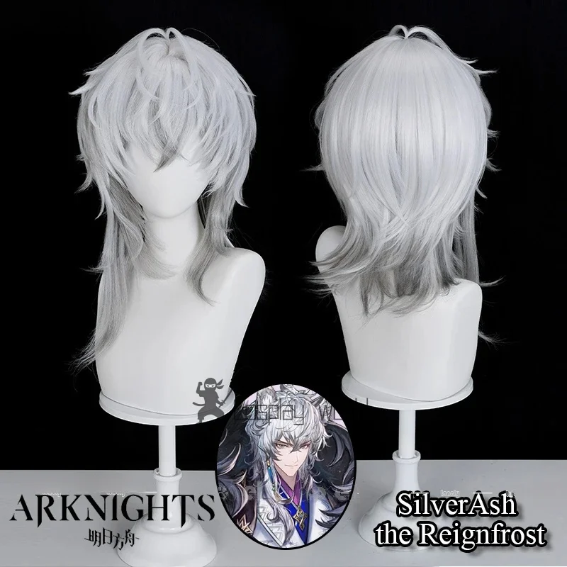 فرسان SilverAsh the Reignfrost شعر مستعار تأثيري فضي رمادي مجعد الكتف طول الشعر مقاومة للحرارة الباروكات للرجال النساء كرنفال #1