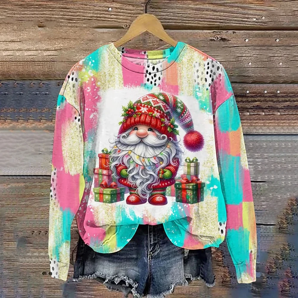 Women\'s Kawaii Santa Claus Print O-Neck Hoodies Winter Gnome Christmas Casual Print Sweatshirt Oversized Ladies Christmas Tops