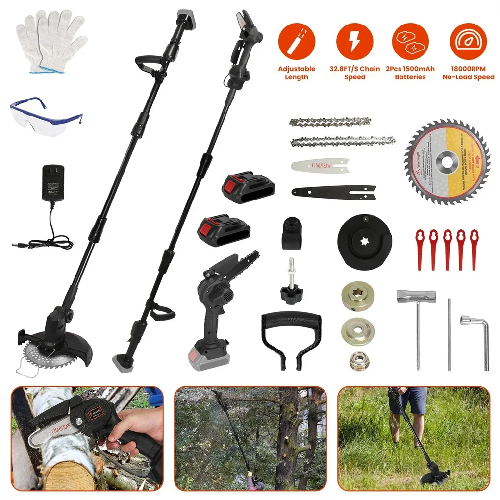 3-in-1 Cordless Electric Pole Saw & Mini Chainsaw & Grass Trimmer Kit with Adjustable Length 2Pcs 21V 1500mAh Batteries 4in/6in