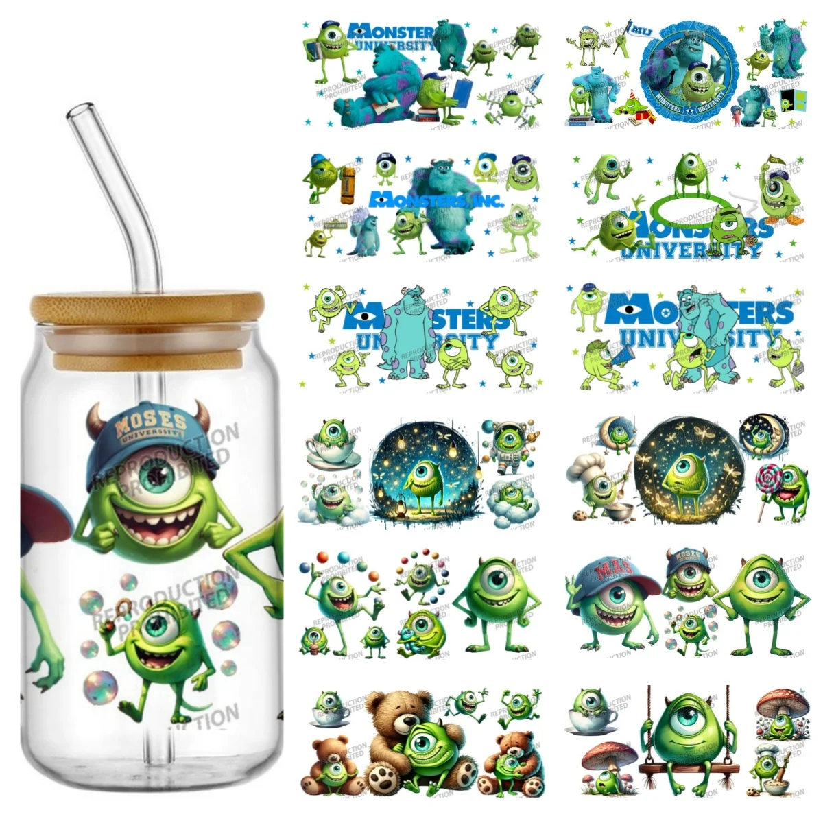 

Monsters University series easy peel waterproof DIY Decals 3D transfers stickers 16oz uv dtf cup wraps for Libbey Glasses