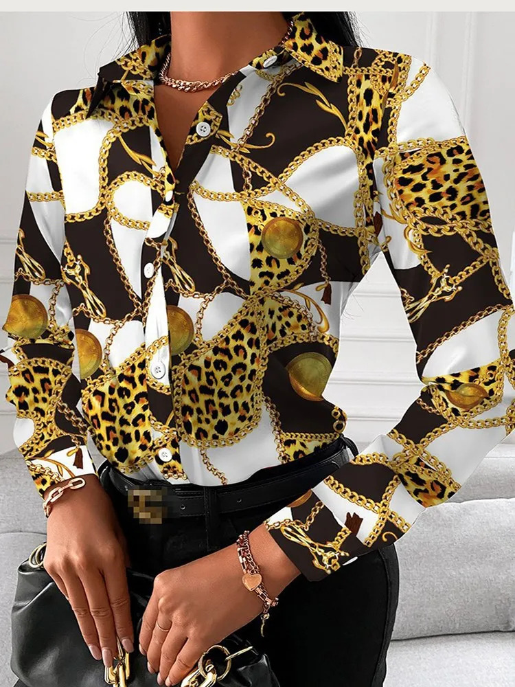 Women's V-ne Printed Long Sve irt Faionable Casual Loose Fit Polyester Fabric Spring Summer Autumn Trendy Top