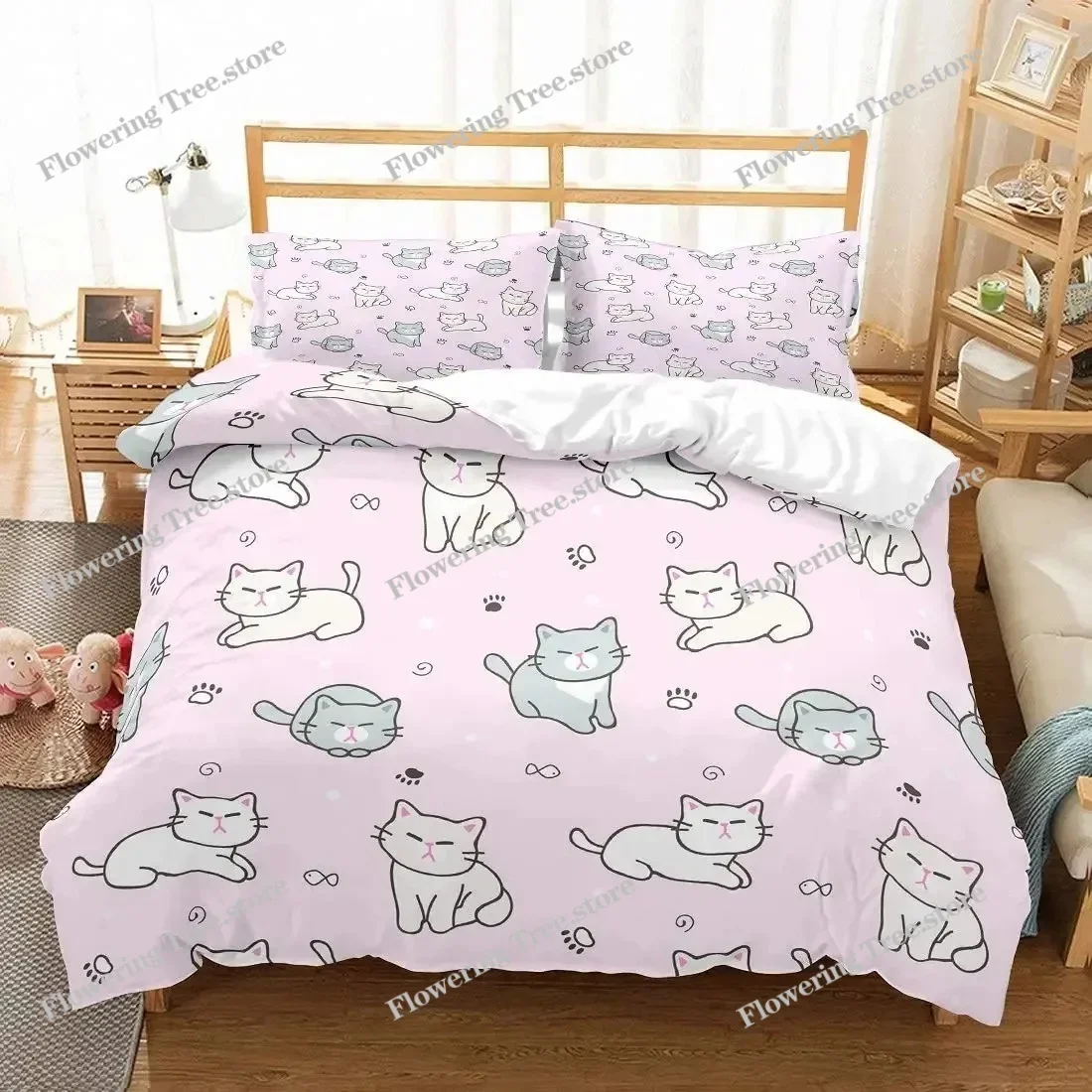3D Kids Cats Bedding Set Twin Size Green Cartoon Cats Bedding Set for Kids Boys Girls Animal Theme Cute Kitten Pattern 4