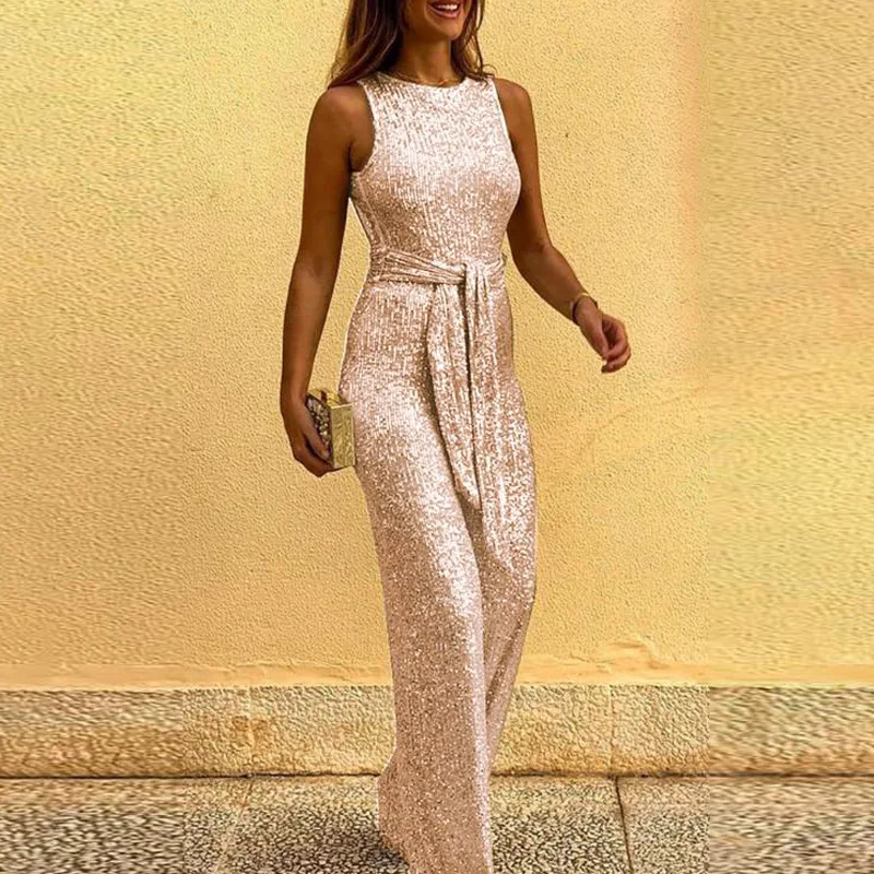 

Summer Women's New Sequin Jumpsuit Elegant Solid Color Round Neck Sleeveless Fashion Personalized Women's Jumpsuit