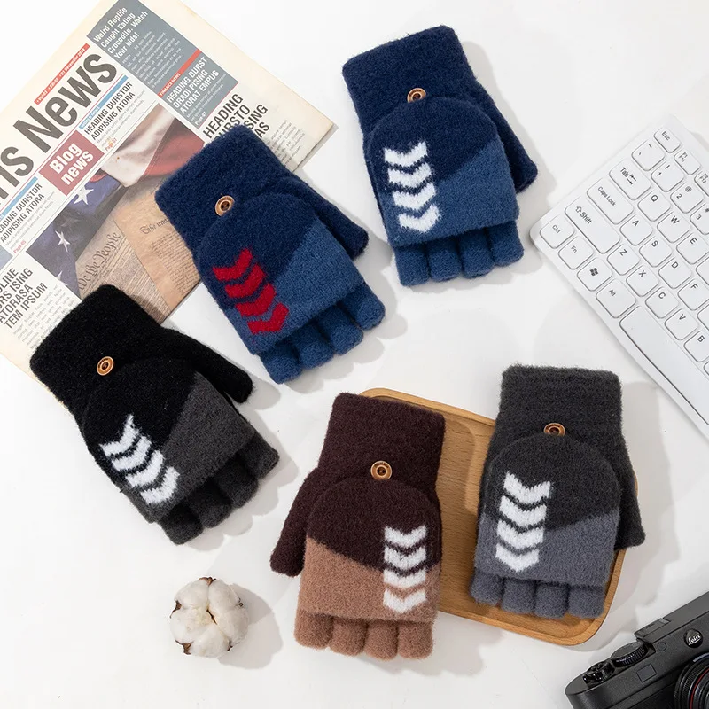 

Men's Winter Half-Finger Flip-Up Gloves, Thick and Warm, Knitted Wool, Suitable for Students, Writing, and Office Use