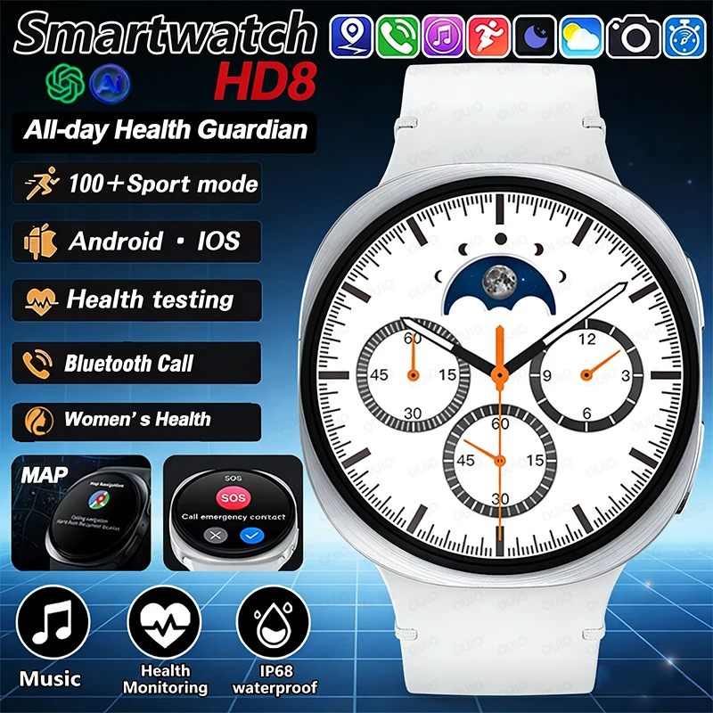 

2026 Новые умные часы HD8 для мужчин и женщин, GPS-трек, тренировка дыхания, пульс, женское здоровье, SOS, спортивный режим, BT Call, умные часы