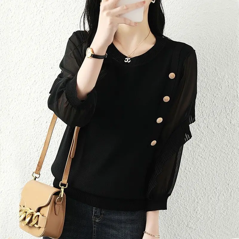 Korean Gauze Patchwork Blouse 3/4 Sleeve Women\'s Clothing Commute Solid Color O-Neck Spring Autumn Button Basic Knitted Shirt