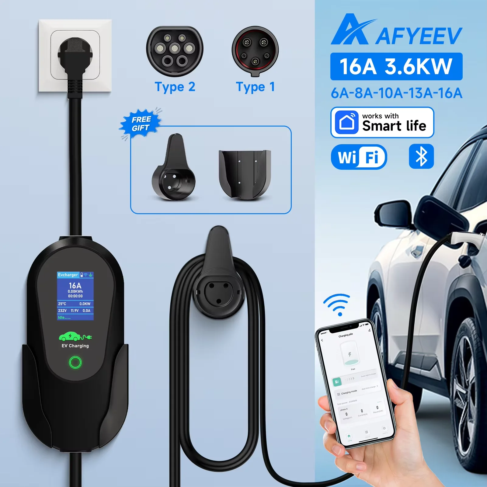 AFYEEV 3600W Przenośna ładowarka samochodowa typu 2 IEC62196-2 EV Type1 SAE J1772 Elektryczna ładowarka samochodowa z wtyczką EU WiFi Bluetooth APP Control