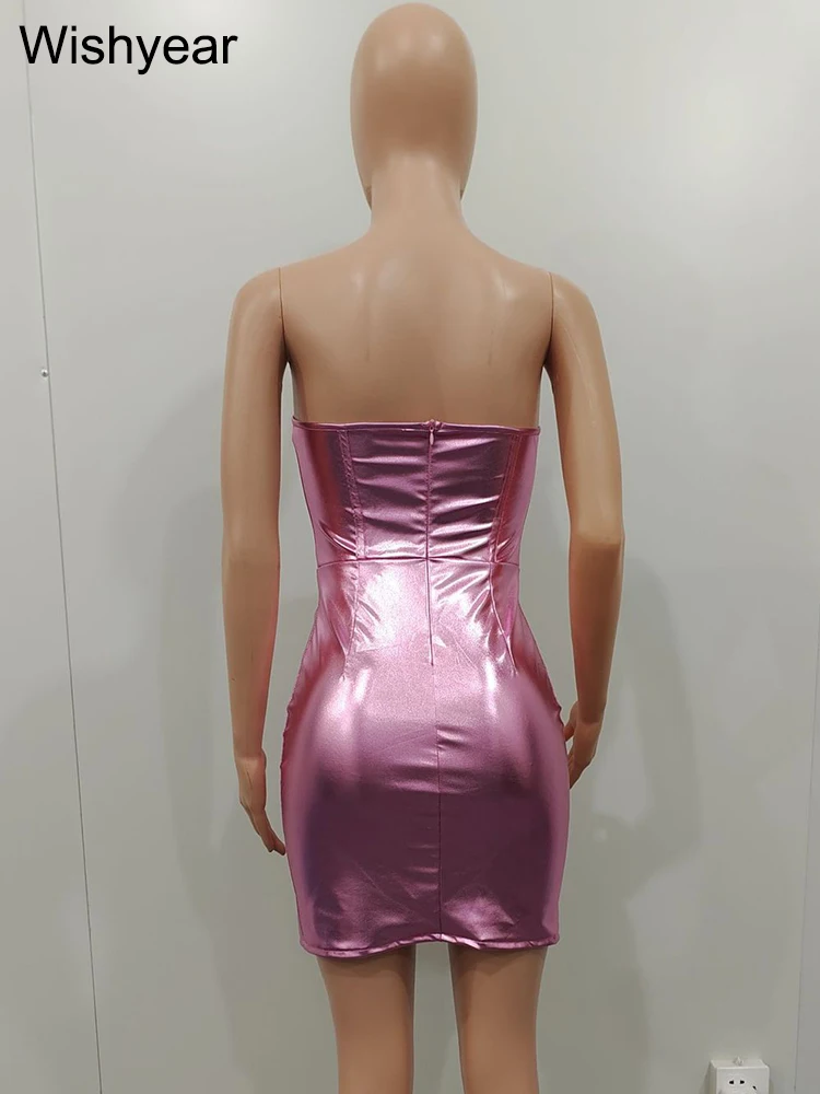 Wishyear Sexy Strapless Pink Purple Metallic Bodycon Short Mini Dress Women Summer Rave Outfits Party Nightclub Birthday Robe