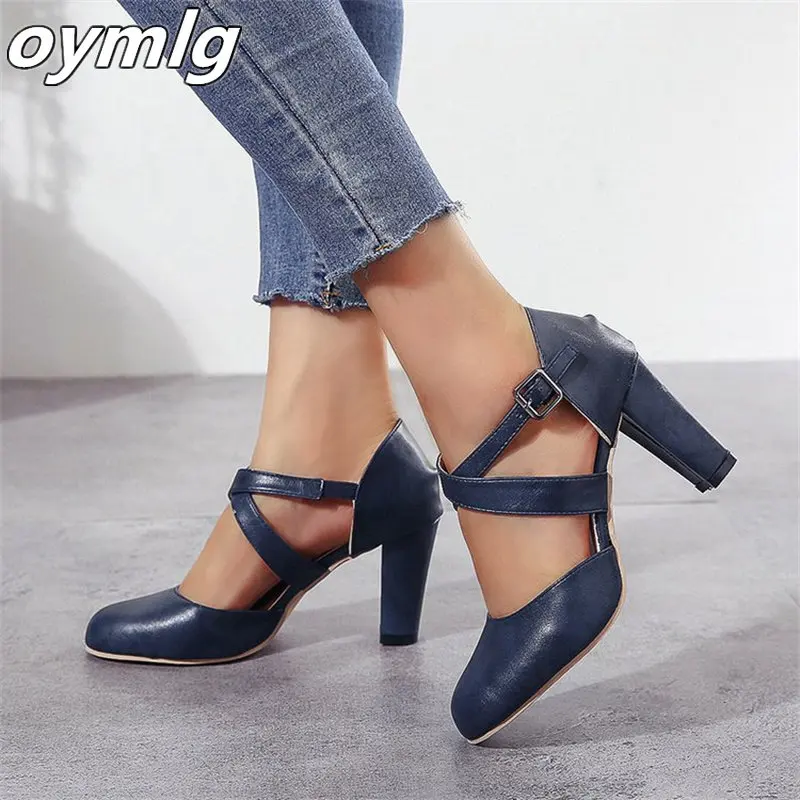 Women\'s Cross Strap Chunky High Heels, Solid Color Round Toe D\'Orsay Pumps, Buckle Strap Sandals