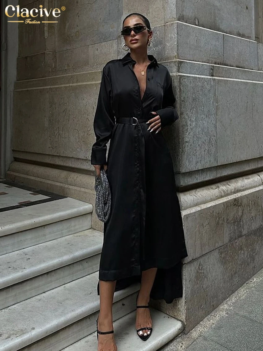 

Clacive Fashion Loose Black Satin Women Dress 2025 Casual Lapel Long Sleeve Midi Dresses Elegant Classic Belt Slit Female Dress