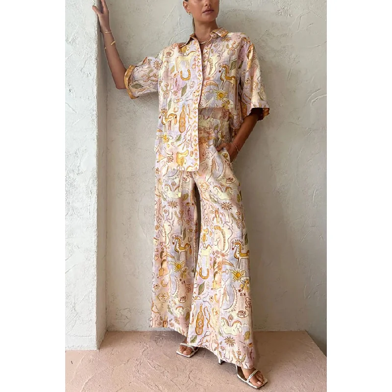 Women Printed Set Half Sleeves Buttons Shirt Blouse Top Pockets Loose Long Pants 2 Pieces Set Lady Spring Summer Casual Outfits