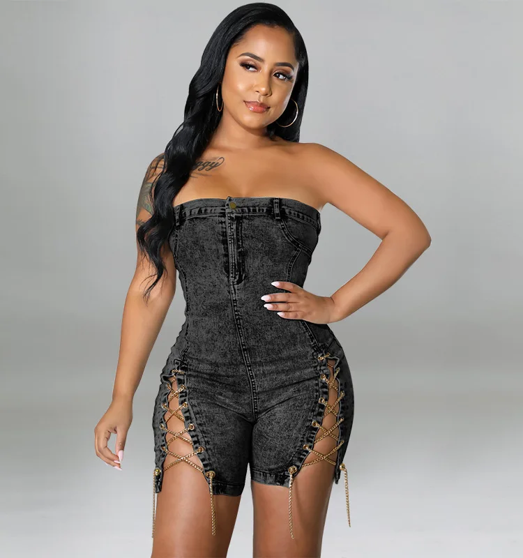 

new wear 2025 spring 218117 women's wear copper chain sexy off shoulder denim dress new product