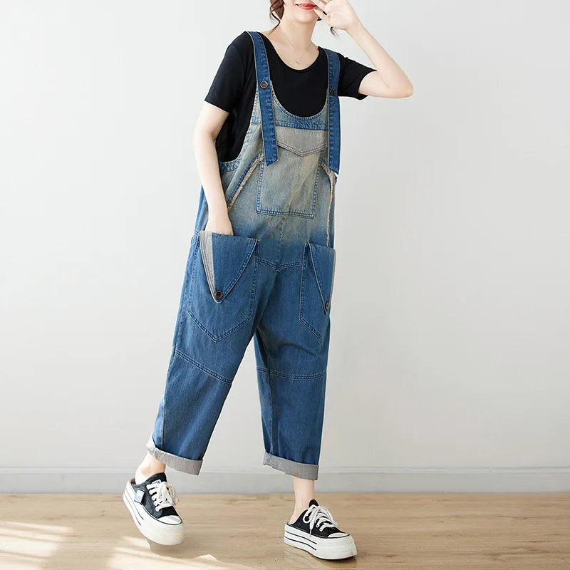 Free Shipping Sleeveless 2024 Printed Fashion Casual Jumpsuits And Rompers Loose Hip-hop Overalls Suspenders Jeans With Pockets