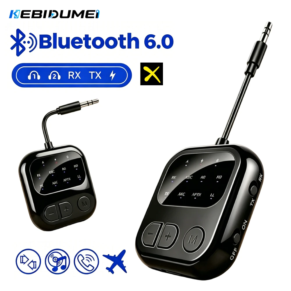 KEBIDUMEI Bluetooth 6.0 Audio Reciever Transmitter 3.5mm AUX HIFI Music Dual Stream Wireless Adapter With Mic for TV Car Flight