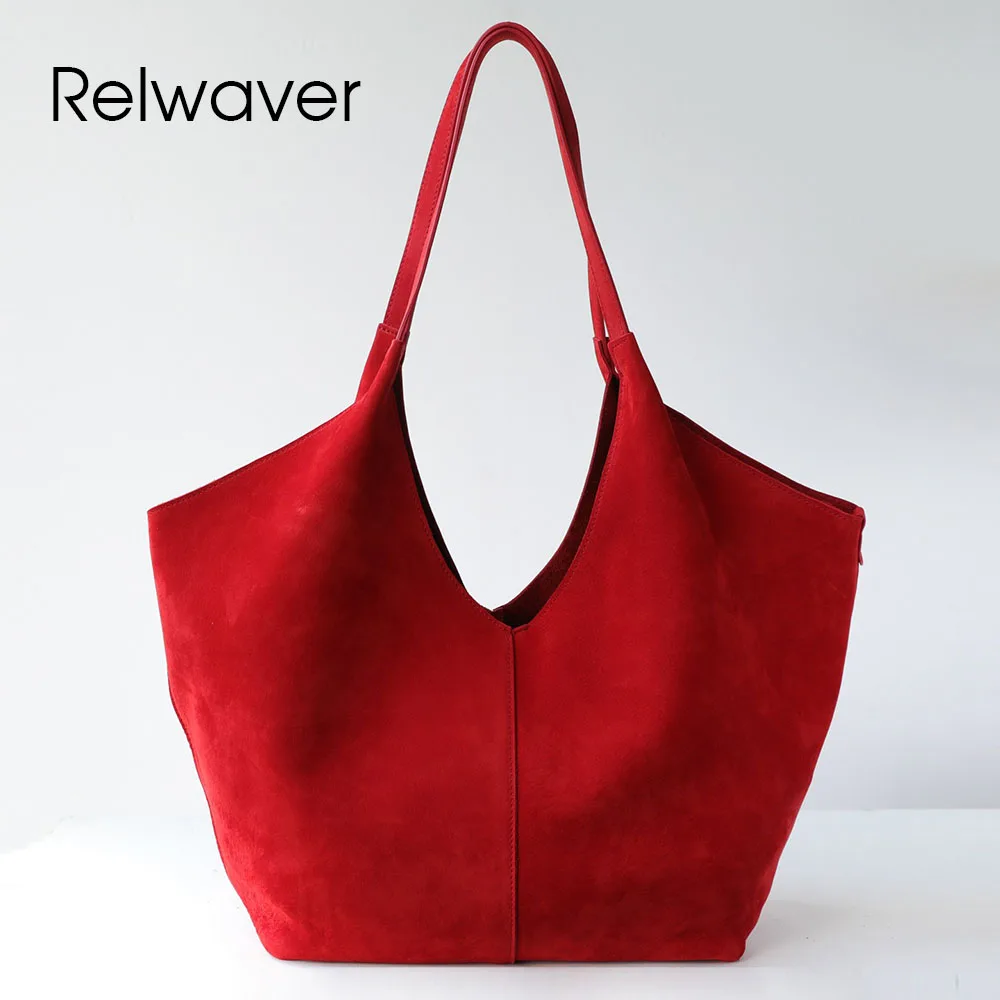 

Relwaver suede cowhide underarm bag small big red brown coffee versatile women shoulder bag commuting ladies handbag tote bag