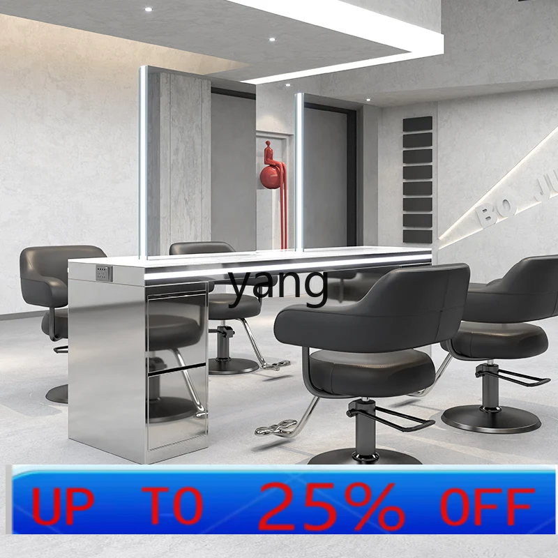 

LMM Barber Shop Mirror Table Stainless Steel Hair Salon Double Sided Marble Hair Salon Mirror with Cabinet