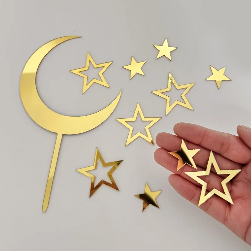 

8pcs Ramadan Moon Star Cake Topper Set Kids Birthday Party Baby Shower Decoration Wedding Golden Acrylic Cake Dessert DIY Decor
