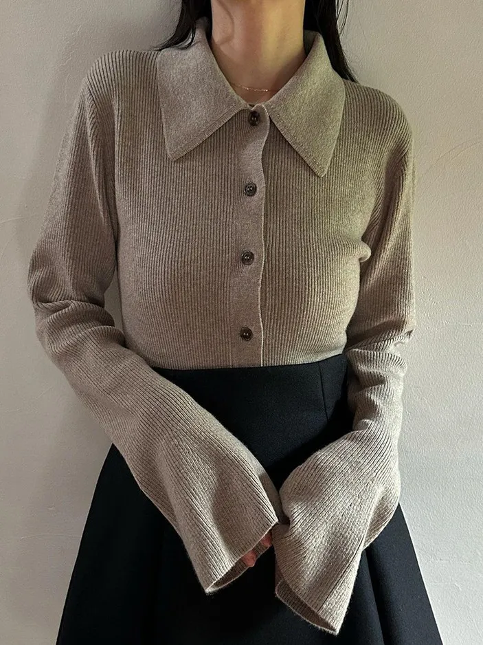 

Slim Fit Knit Sweater Button up Shirt Collar Bell Sleeve Women's Casual Style Wool Blend Long Sleeve Knitted Top