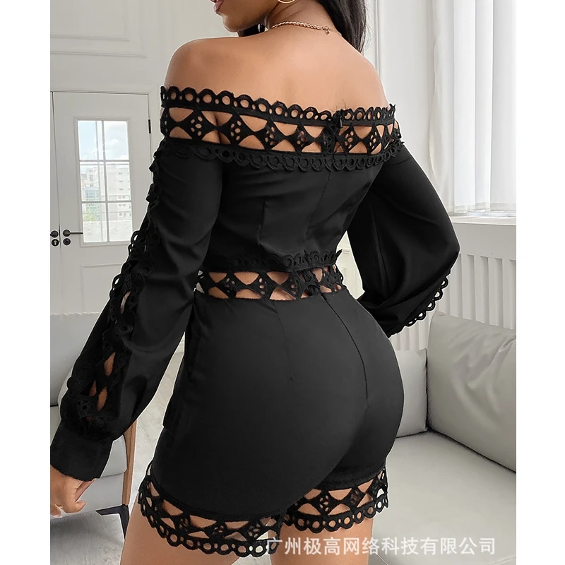 Women Playsuits Sexy Solid Color Slim High Waist Openwork Playsuits Women Long Sleeve Off Shoulder Slash Neck Straight Playsuits