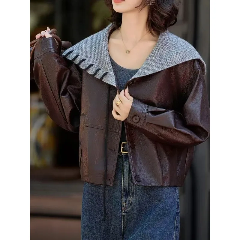 Onecozyday 2025 سترة جلدية نسائية أنيقة مقصوصة بياقة مدببة وأكمام طويلة معطف غير رسمي فضفاض ملابس خارجية