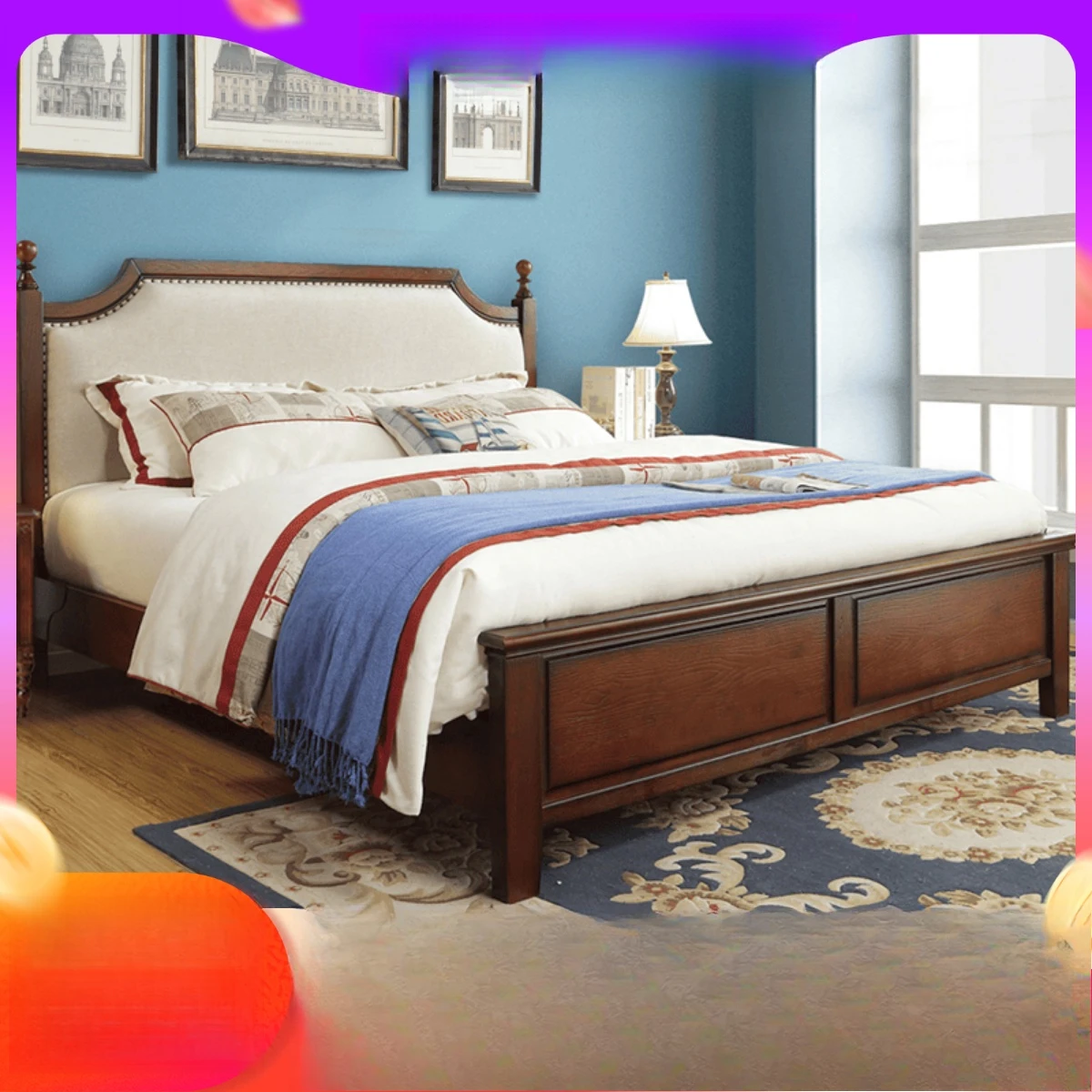 American simple walnut solid wood double bed, dark wedding bed