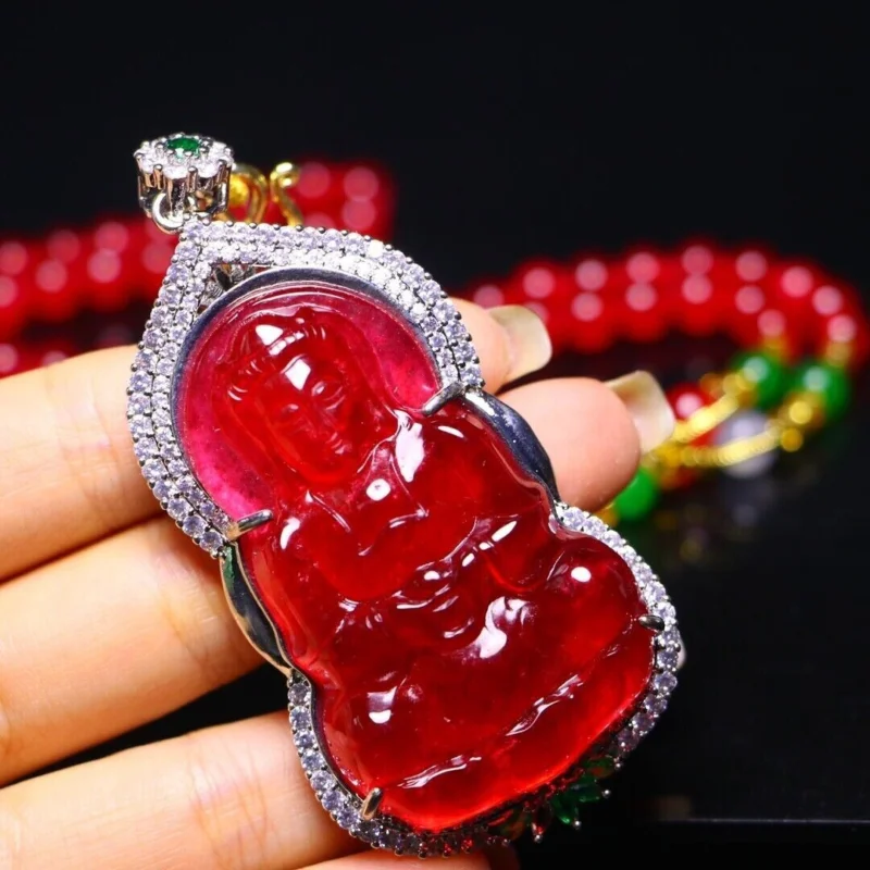 

Certified Natural Perfect High Ice Red Jade Jadeite GuanYin Pendant&Necklace