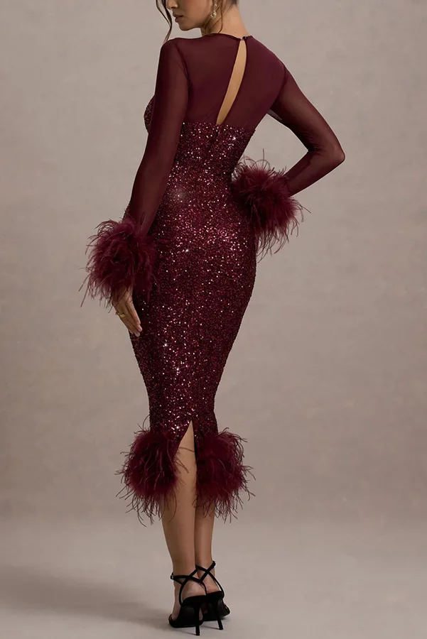 فستان أنيق للحفلات لخريف وشتاء 2025، تنورة طويلة ضيقة مزخرفة بشبكة لامعة وأكمام طويلة