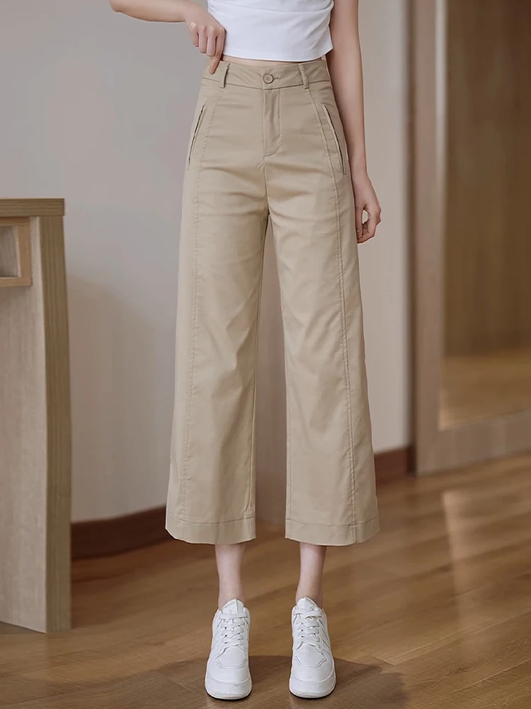 

Женские летние тонкие брюки-палаццо цвета хаки с высокой талией, из хлопка, повседневные, укороченные, прямого кроя, маленькие размеры