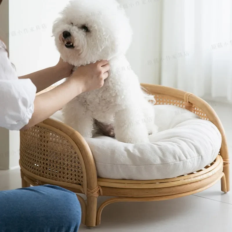 Natural Rattan Woven Pet Nest Cool Summer Round House for Cats Indonesian Teddy Pet Kennel Cozy Small Pet Furniture