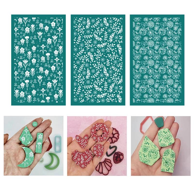 New Silk Screen Stencils for Polymer Clay Leaf Flower Pattern Reusable Silkscreen Print Kit for DIY Earring Jewelry Making