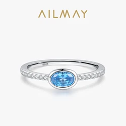 Ailmay Genuine 925 Sterling Silver Fashion Oval Blue Zirconia Finger Ring For Women Luxury Wedding Engagement Fine Jewelry