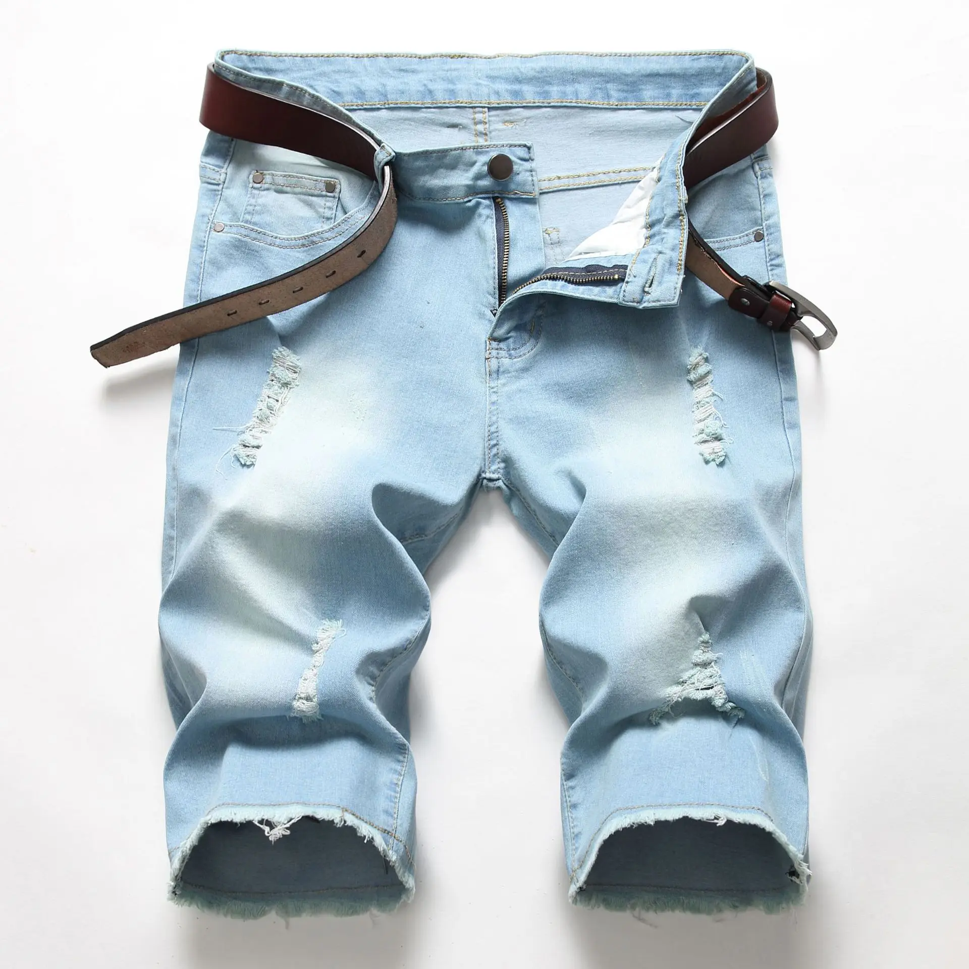 

Men's Five Quarter Denim Shorts Brand Quality Elastic Puncture Edge Grinding Slim fit Distressed Washed Spring Summer