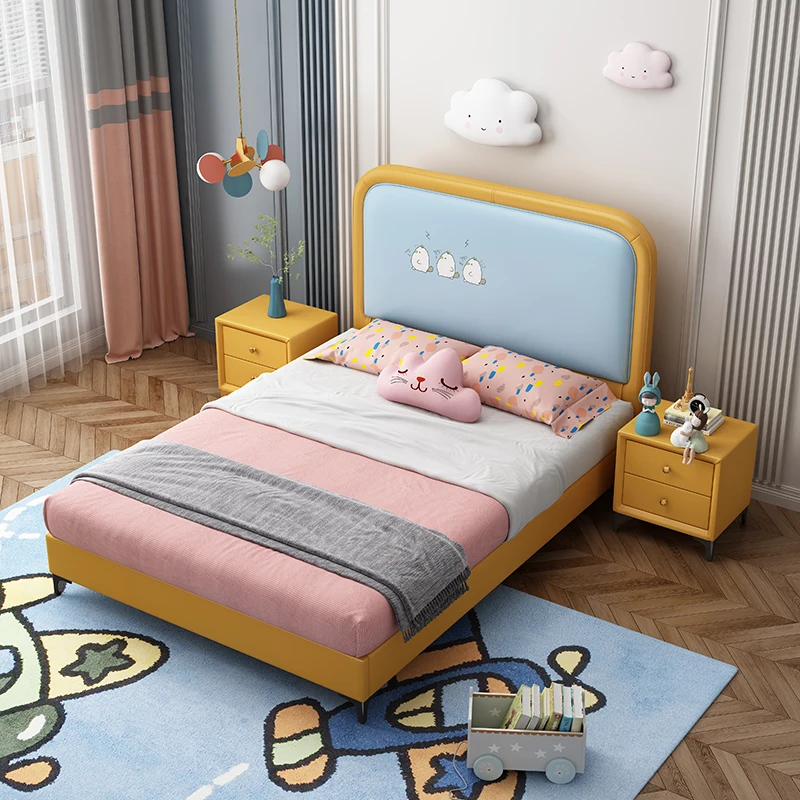 Lit en bois massif pour enfants, meubles de chambre à coucher pour enfants, rangement en cuir pour filles, lit simple, cadre de lit de rangement pleine grandeur