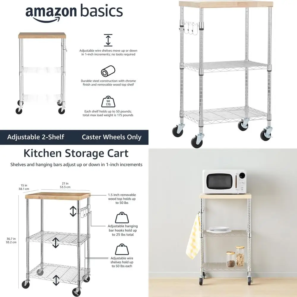 

3-Tier Rolling Kitchen Storage Rack, Adjustable Shelves, 175 lbs Capacity, 21x15x36.7 Wood/Chrome