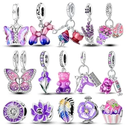 925 Sterling Silver Purple Butterfly Cute Bear Series Charm Beads For Pandora Original Bracelet DIY Women Jewelry Gift