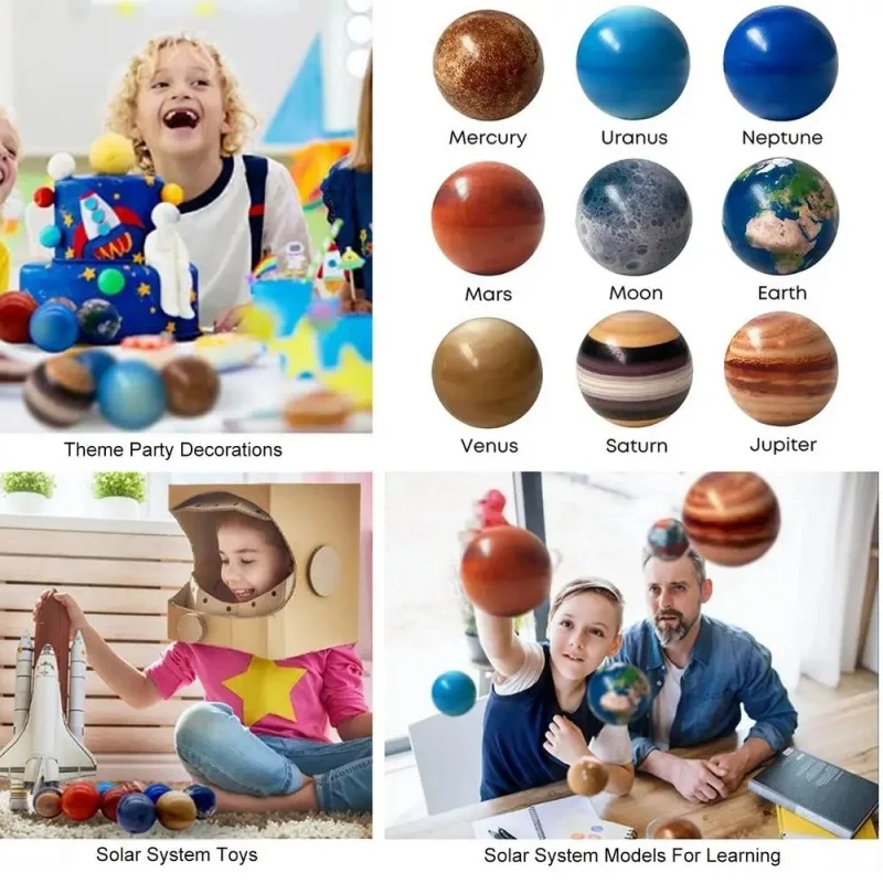 Bolas hinchables de planetas para niños, juguetes educativos para aliviar el estrés, material de enseñanza, esponja de estrella y Luna, impresión elástica, 9 piezas