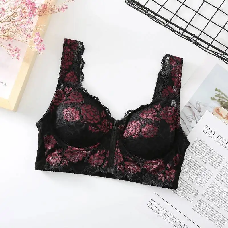 Plus Size Lingerie For Women Bralette Front Closure Zipper Lace Push Up Stick On Bra Brassiere L 2L 3L 4L 5L 6L Woman Clothes