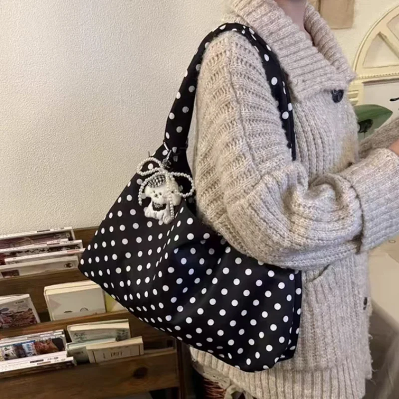 

Korean Polka Dot Canvas Tote Bag Women Stylish Large Capacity Shoulder Bag Square Crossbody Bag Casual Commuter Handbag