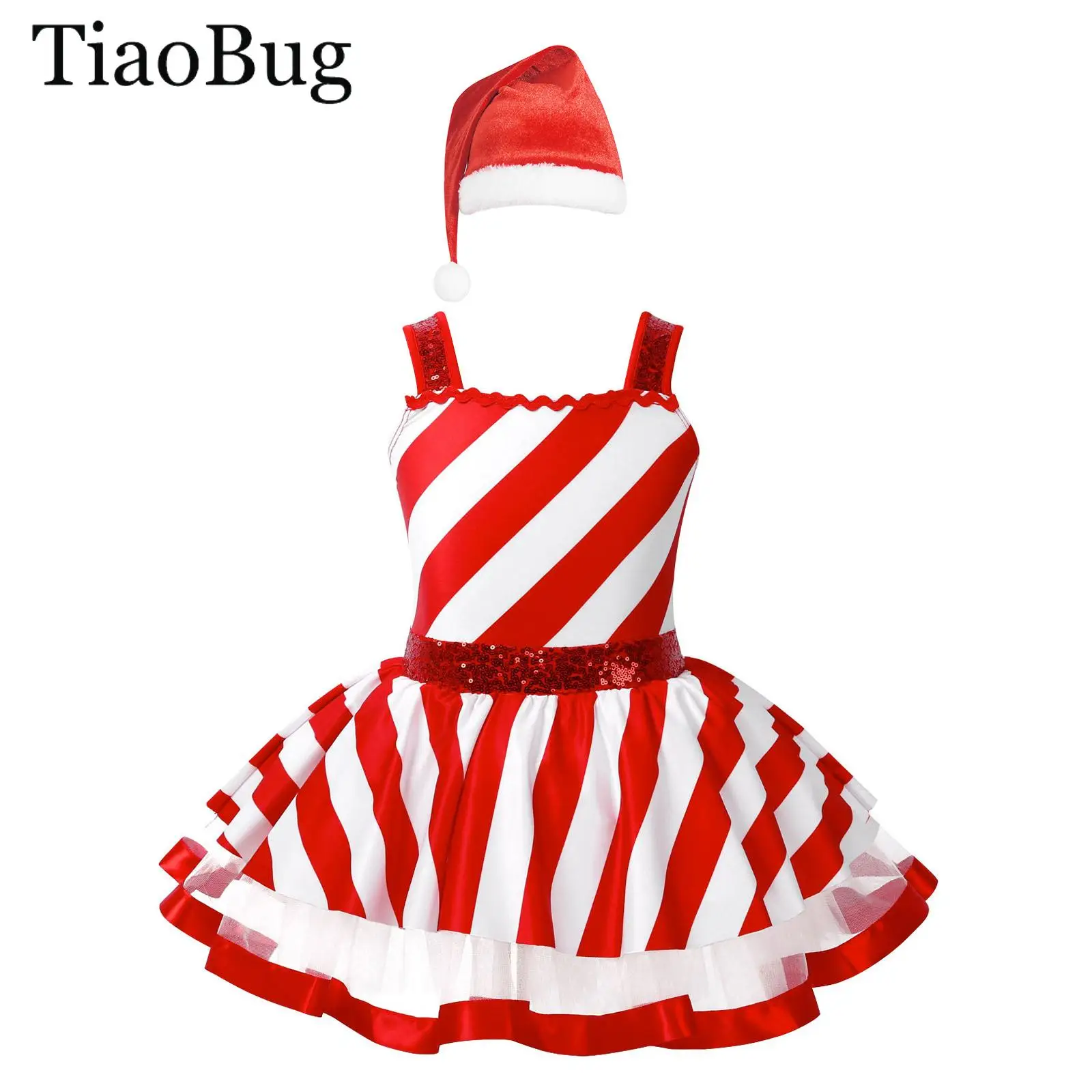 

Girls Christmas Dance Costume Sleeveless Sequin Candy Cane Striped Mesh Tutu Dress Figure Ice Skating Ballet Leotard Dress Wear