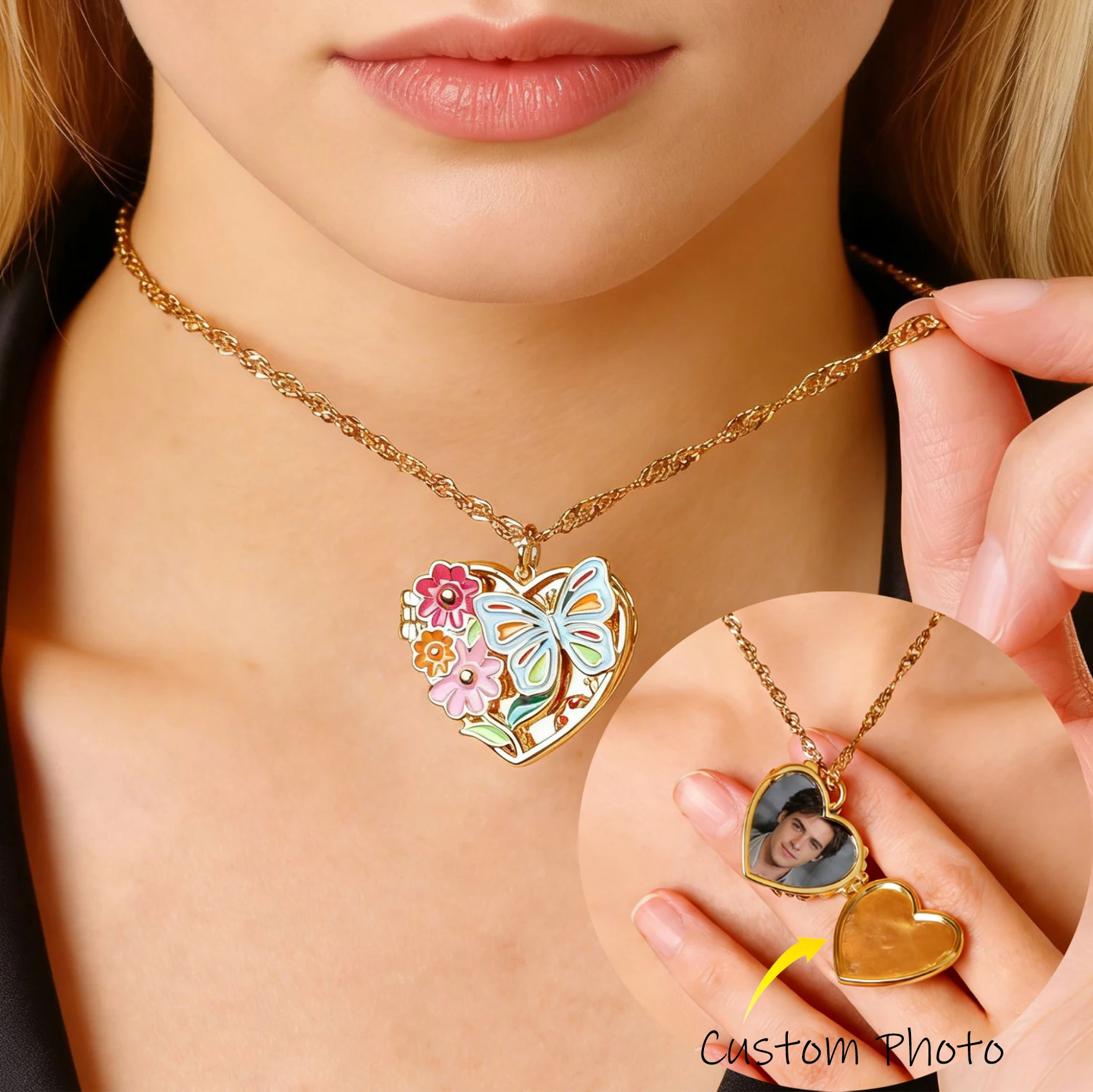 

Fashion Custom Photo Album Necklaces For Women Girl Oil Drop Butterfly Pendant Locket Charm Couple Birthday Wedding Jewelry Gift