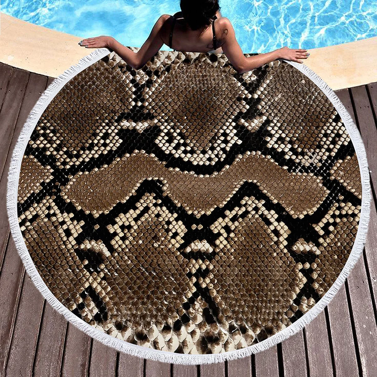 Round Beach Towel,Snakeskin Pattern Polyester Sand Resistant Beach Blanket,Comfortable Absorbent Quick Dry Pool Towel Picnic Mat