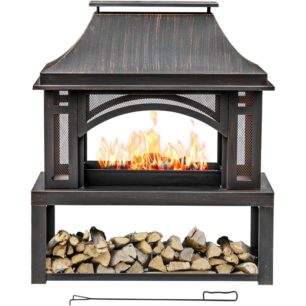 

39 Fire Pits with Wood Storage for Outside, Large Wood Burning Outdoor Fireplace with Chimney, Mesh Spark Screen & Fire Poker, I