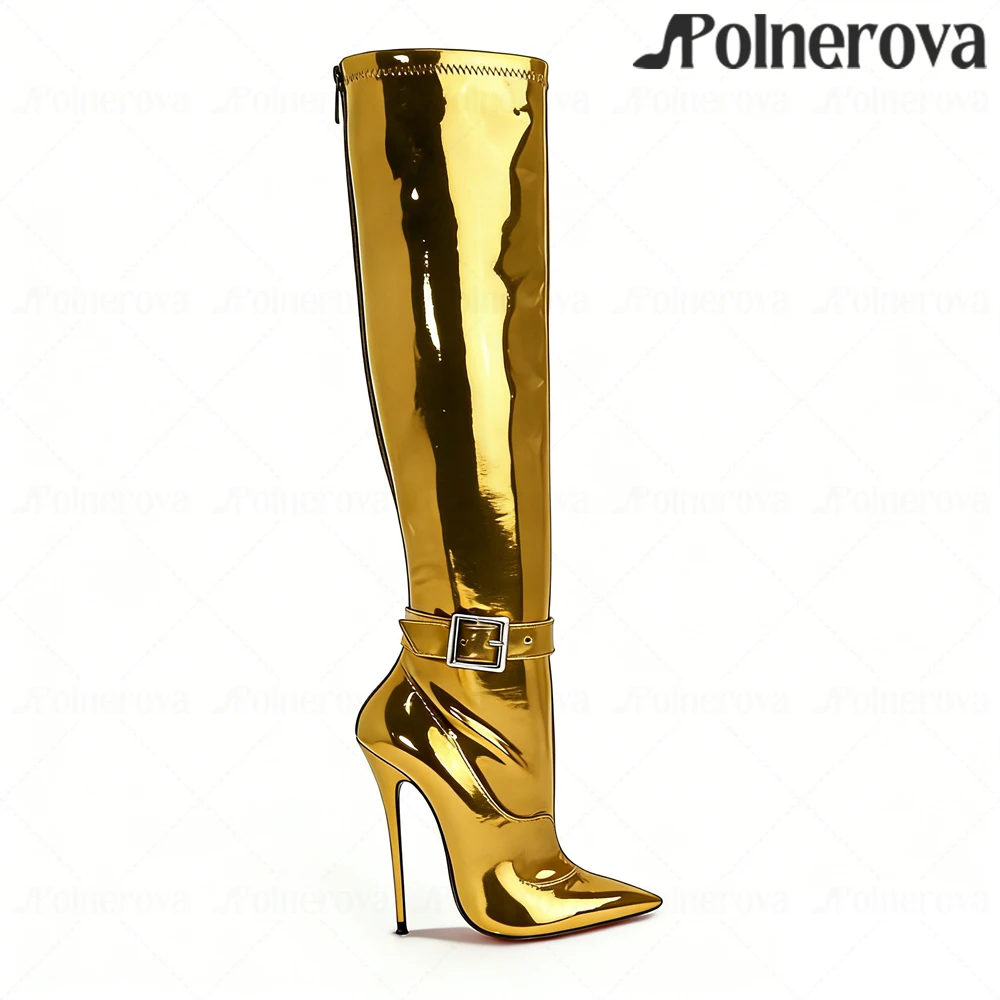 16cm Metallic Buckle Knee Boots Sexy Style Lacquered Heel Pointed Toe Boots Multi-colored Patent Leather Ultimate Handmade Shoes